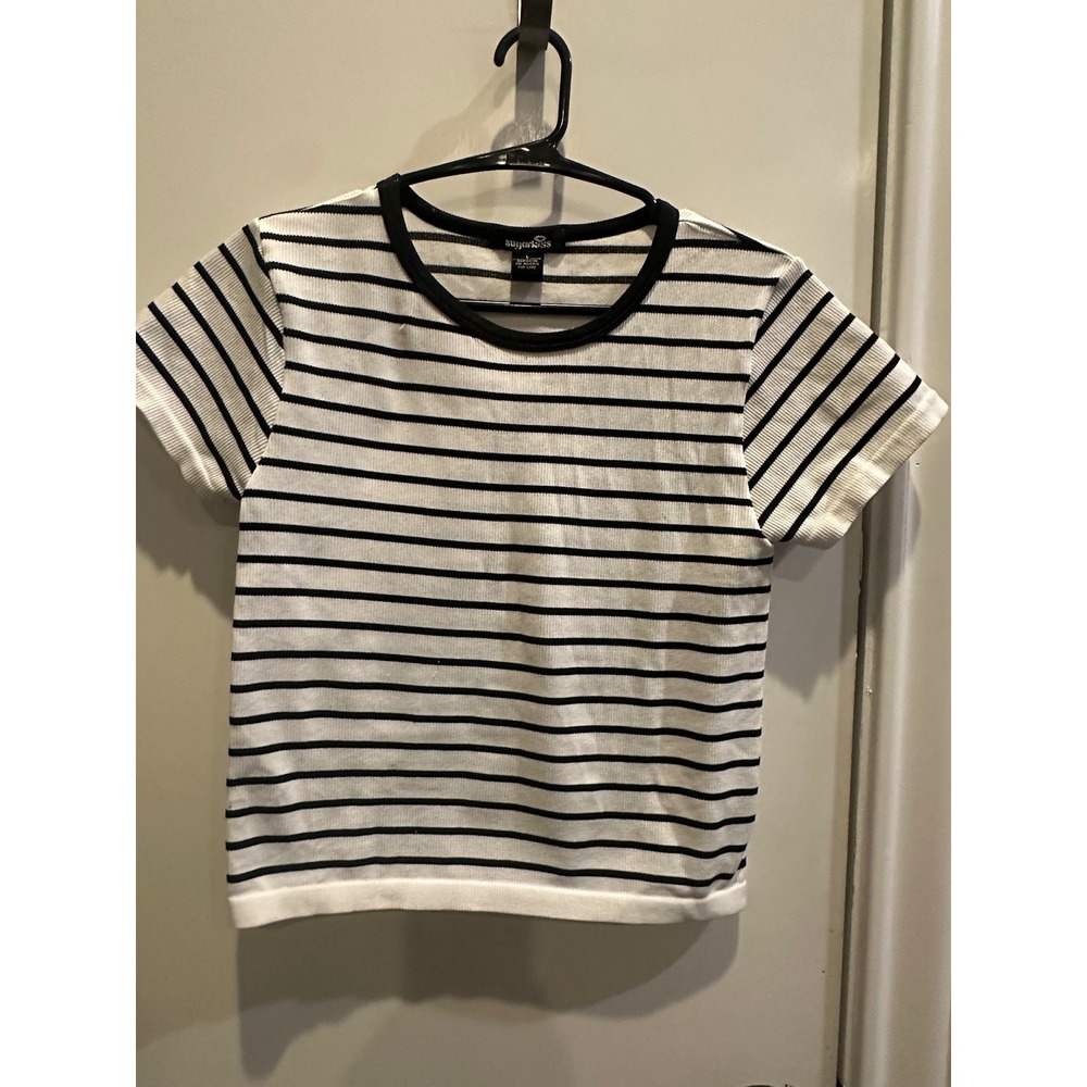 Sugar Kiss Womens Striped Ribbed Knit Short Sleeve T-Shirt Black White Large